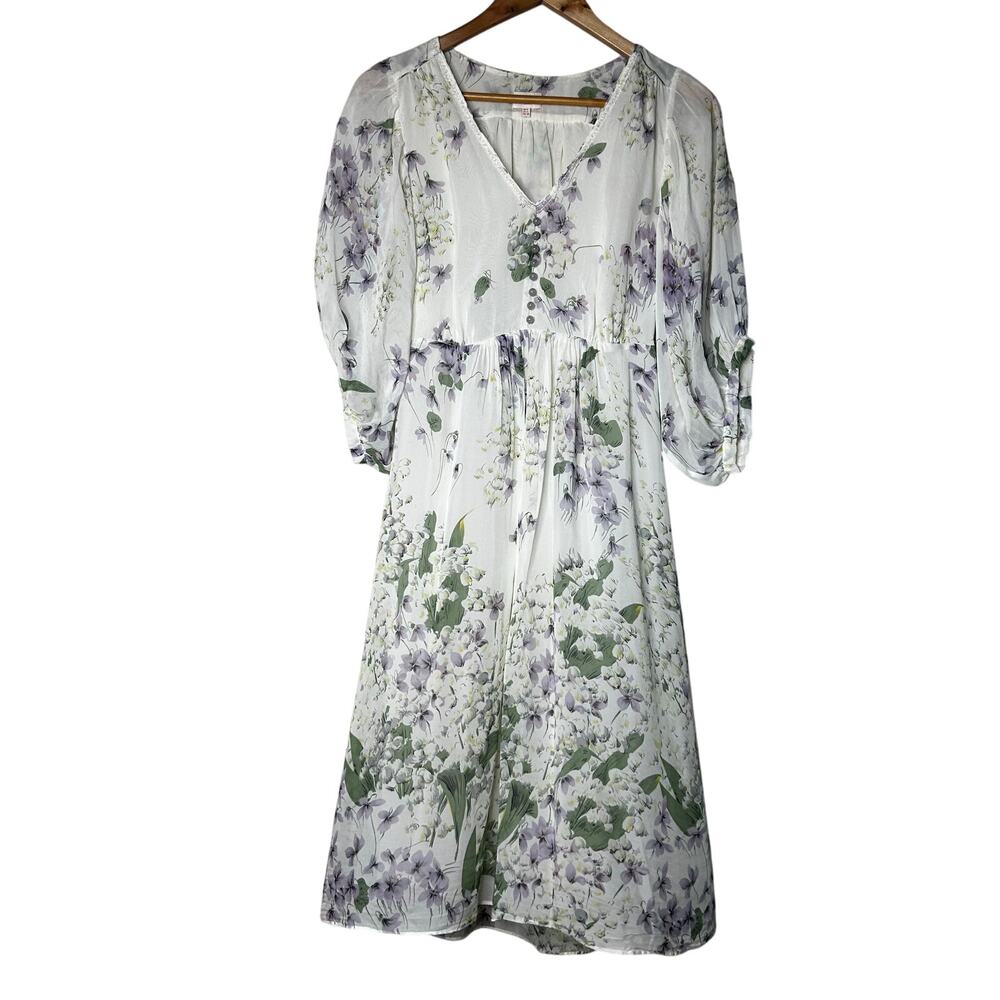 Whistles Dress Size 4 100% Silk Floral Polyester Midi Lined Coquette Cottagecore